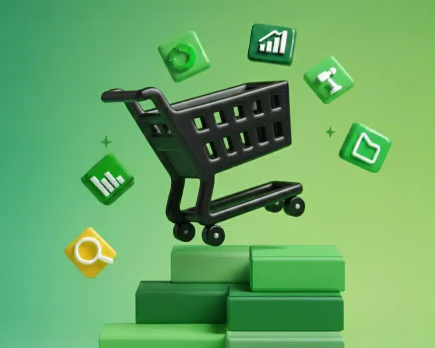 Shopify SEO optimization visual showing growth steps, cart icon, and ranking elements used to increase visibility and sales.