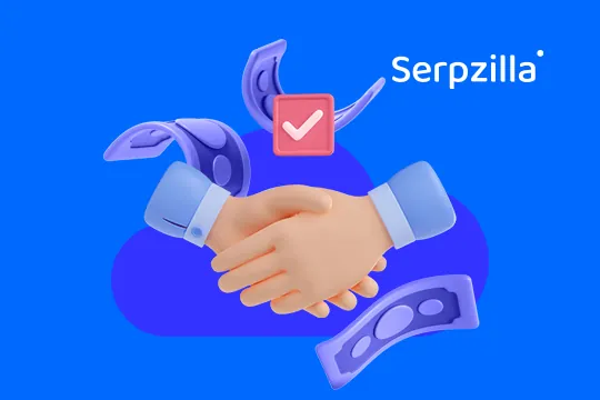 3D illustration of a handshake with floating money and a checkmark icon, symbolizing trust, deals, and successful backlink partnerships with Serpzilla.