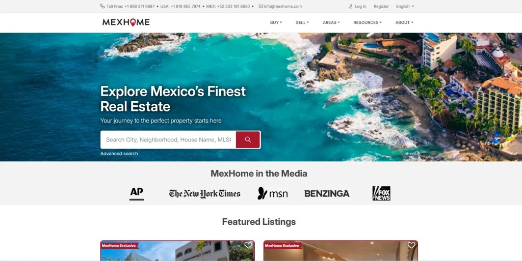 MexHome homepage hero showing aerial Puerto Vallarta coastline with search bar to explore Mexico real estate.