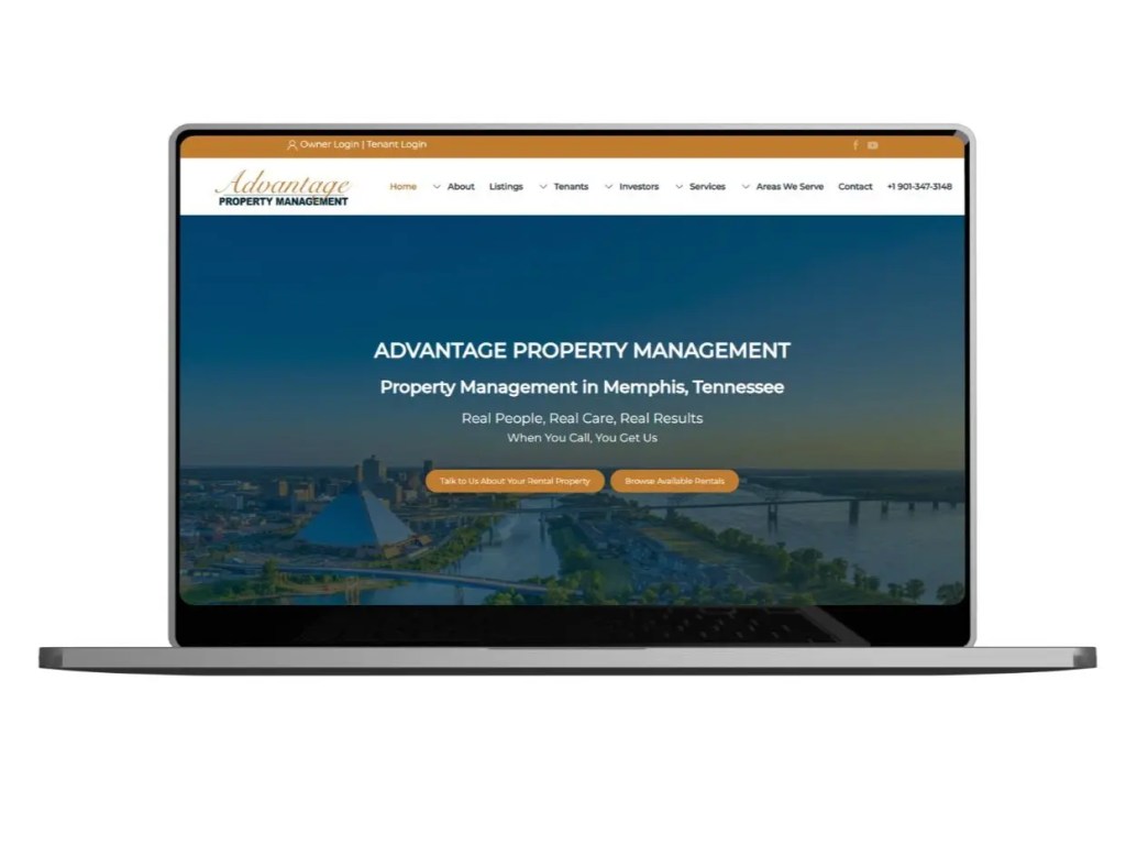 Advantage Property Management website on a laptop screen
