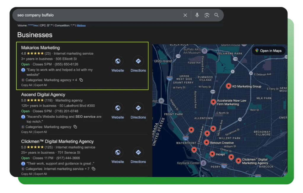 Makarios Marketing ranking at the top of Google Maps for SEO company Buffalo
