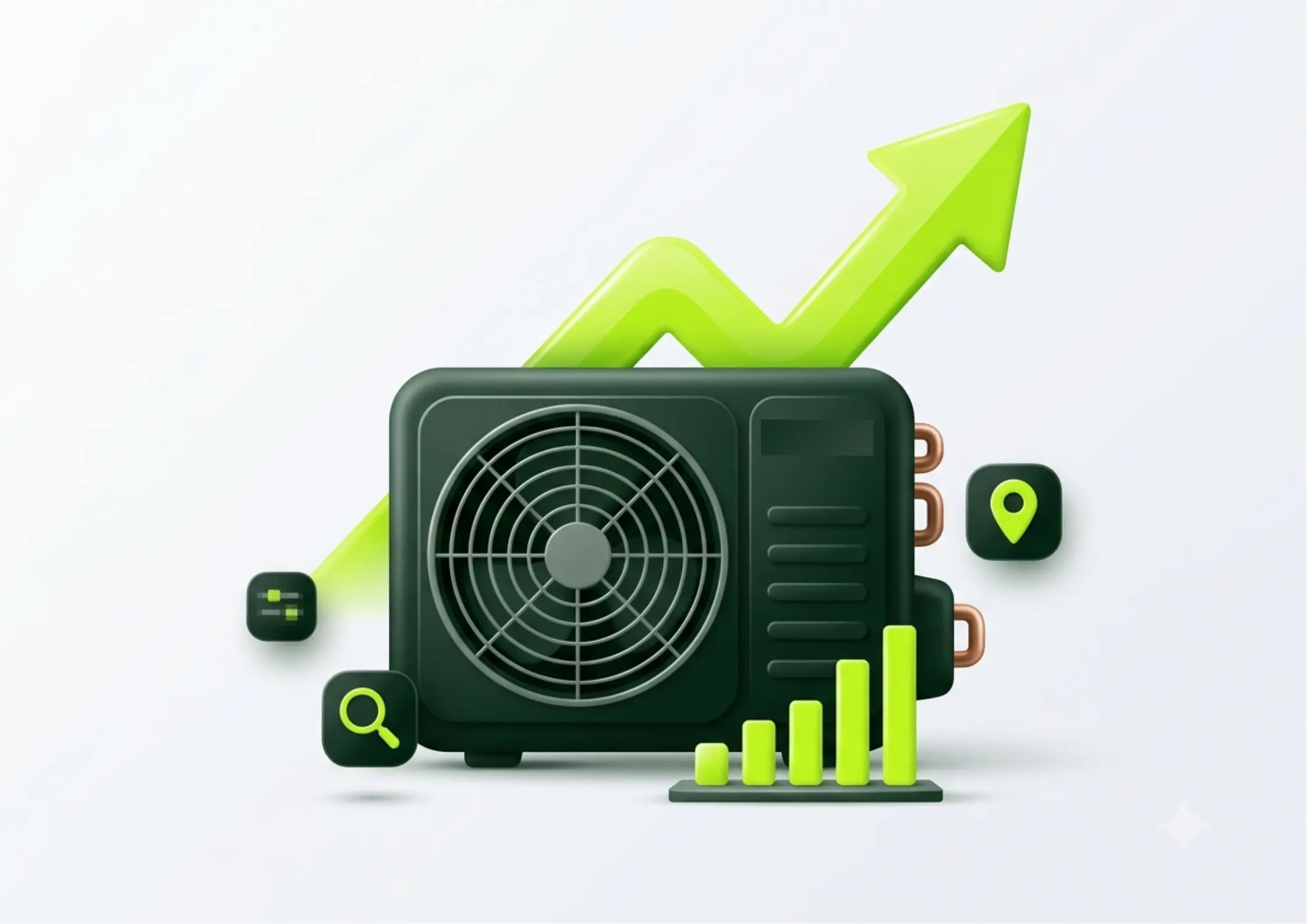 Outdoor air-conditioning unit with an upward green growth arrow, rising bar charts, a magnifying glass, and a location pin, symbolizing SEO growth for HVAC companies