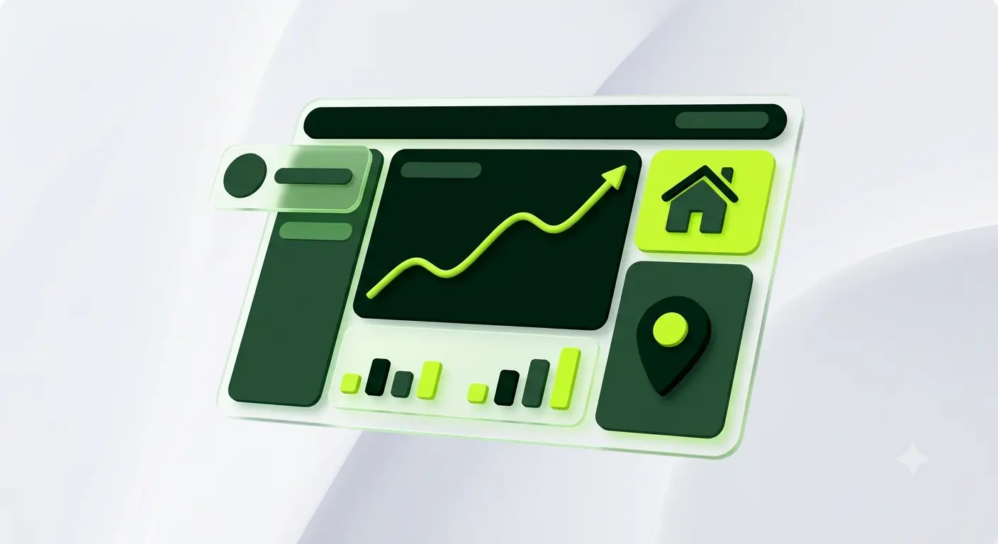SEO analytics dashboard for a real estate company showing lead growth and organic traffic climbing with a house icon and location pin, representing Makarios Marketing's real estate SEO results