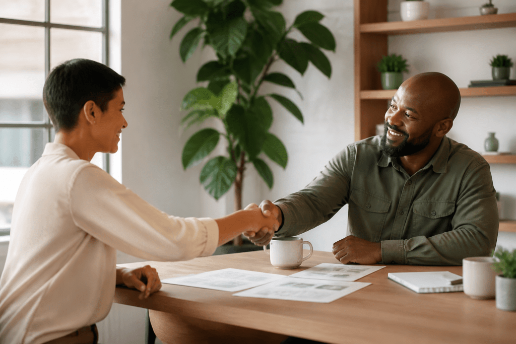 Law firm team discussing documents around a conference table